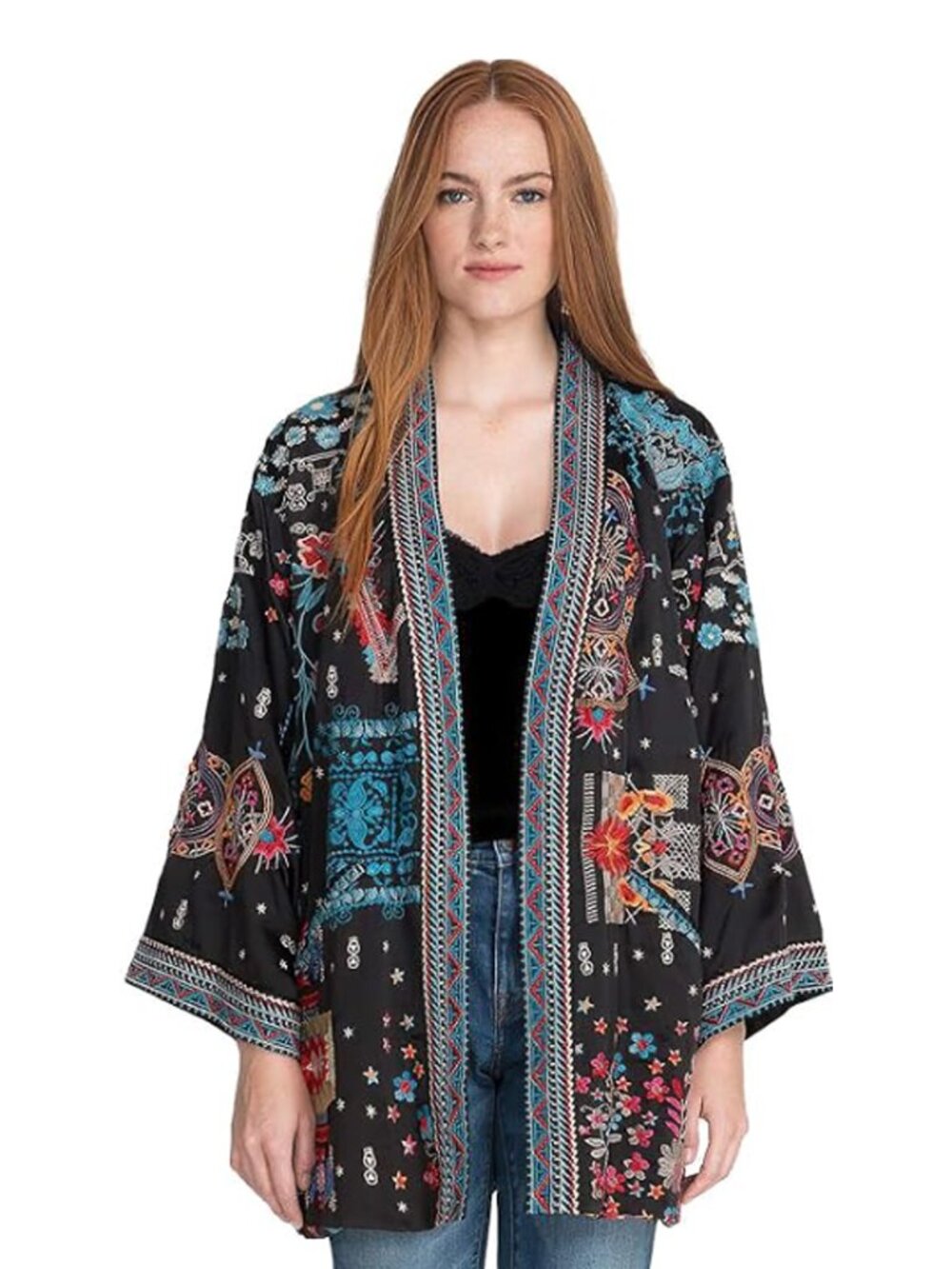 Johnny Was Azul Kimono Jacket Long Reversible Holiday Floral Embroidery Black NW
